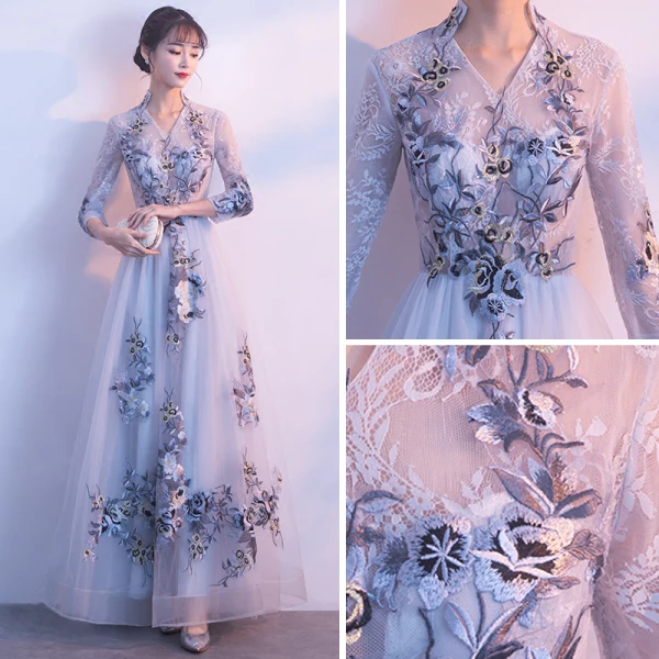 Chic / Beautiful Silver Prom Dresses 2017 A-Line / Princess Amazing / Unique V-Neck 3/4 Sleeve Appliques Lace Floor-Length / Long Pierced Formal Dresses