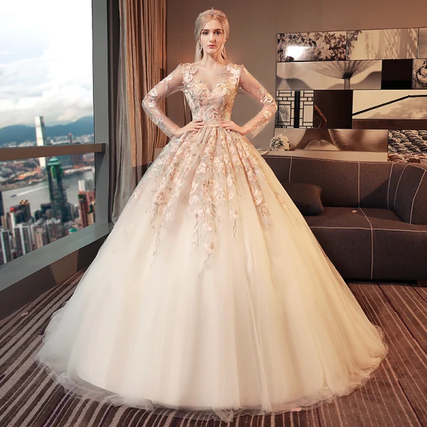 Chic / Beautiful White Pierced Wedding Dresses 2017 Ball Gown Scoop Neck Long Sleeve Appliques Lace Backless Cathedral Train