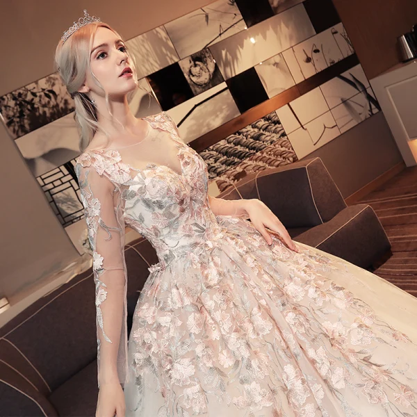 Chic / Beautiful White Pierced Wedding Dresses 2017 Ball Gown Scoop Neck Long Sleeve Appliques Lace Backless Cathedral Train