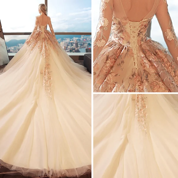 Chic / Beautiful White Pierced Wedding Dresses 2017 Ball Gown Scoop Neck Long Sleeve Appliques Lace Backless Cathedral Train