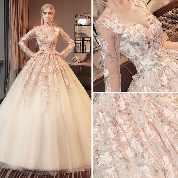Chic / Beautiful White Pierced Wedding Dresses 2017 Ball Gown Scoop Neck Long Sleeve Appliques Lace Backless Cathedral Train
