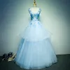 Affordable Prom Dresses 2017 Sky Blue Floor-Length / Long Ball Gown Cascading Ruffles V-Neck Sleeveless Backless Lace Appliques Flower