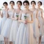 Affordable Sky Blue Bridesmaid Dresses 2018 A-Line / Princess Bow Sash Tea-length Ruffle Backless Wedding Party Dresses
