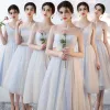 Erschwinglich Himmelblau Brautjungfernkleider 2018 A Linie Schleife Stoffgürtel Wadenlang Rüschen Rückenfreies Kleider Für Hochzeit