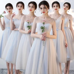 Affordable Sky Blue Bridesmaid Dresses 2018 A Line Princess Bow Sash Tea Length Ruffle Backless Wedding Party Dresses