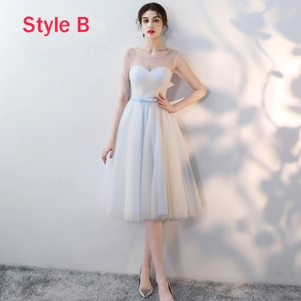 Affordable Sky Blue Bridesmaid Dresses 2018 A-Line / Princess Bow Sash Tea-length Ruffle Backless Wedding Party Dresses