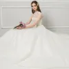 Chic / Beautiful Ivory See-through Wedding Dresses 2018 Ball Gown High Neck Sleeveless Backless Beading Pearl Rhinestone Ruffle Court Train