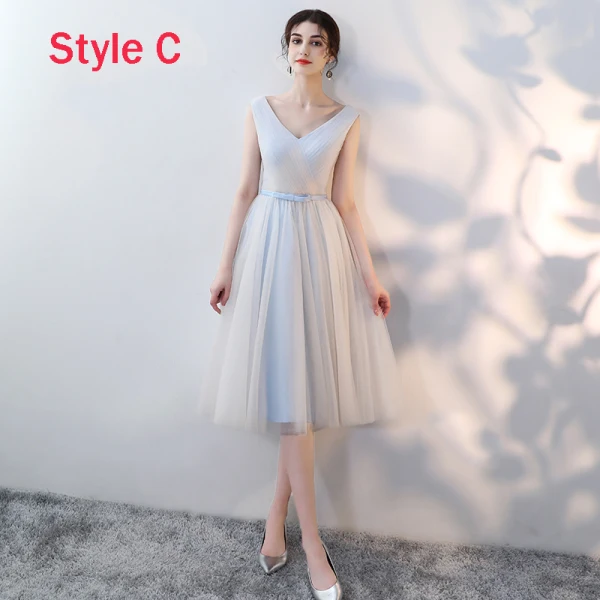 Affordable Sky Blue Bridesmaid Dresses 2018 A-Line / Princess Bow Sash Tea-length Ruffle Backless Wedding Party Dresses