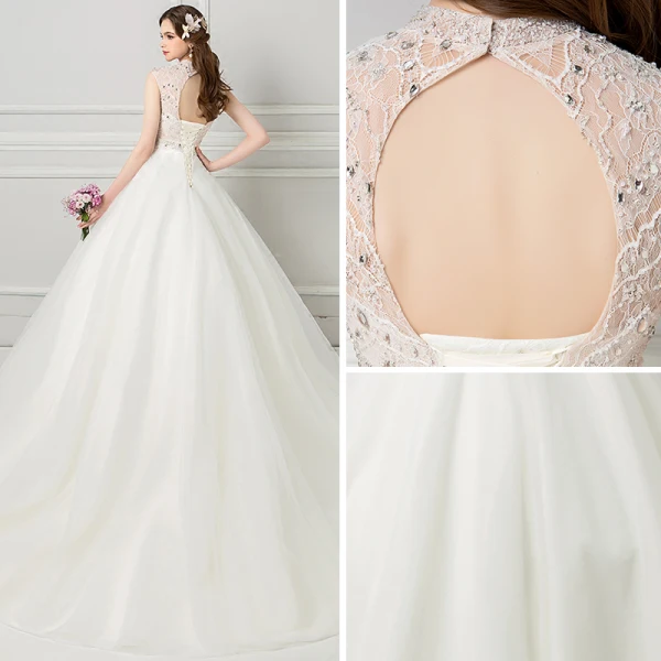 Schöne Ivory / Creme Durchsichtige Brautkleider 2018 Ballkleid Stehkragen Ärmellos Rückenfreies Perlenstickerei Perle Strass Rüschen Hof-Schleppe