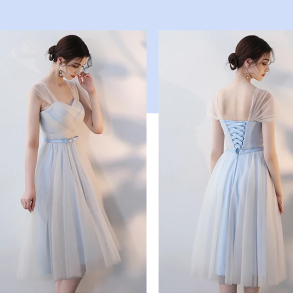 Affordable Sky Blue Bridesmaid Dresses 2018 A-Line / Princess Bow Sash Tea-length Ruffle Backless Wedding Party Dresses