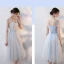 Affordable Sky Blue Bridesmaid Dresses 2018 A-Line / Princess Bow Sash Tea-length Ruffle Backless Wedding Party Dresses