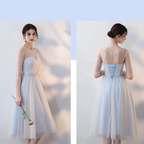Affordable Sky Blue Bridesmaid Dresses 2018 A-Line / Princess Bow Sash Tea-length Ruffle Backless Wedding Party Dresses