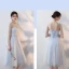 Affordable Sky Blue Bridesmaid Dresses 2018 A-Line / Princess Bow Sash Tea-length Ruffle Backless Wedding Party Dresses