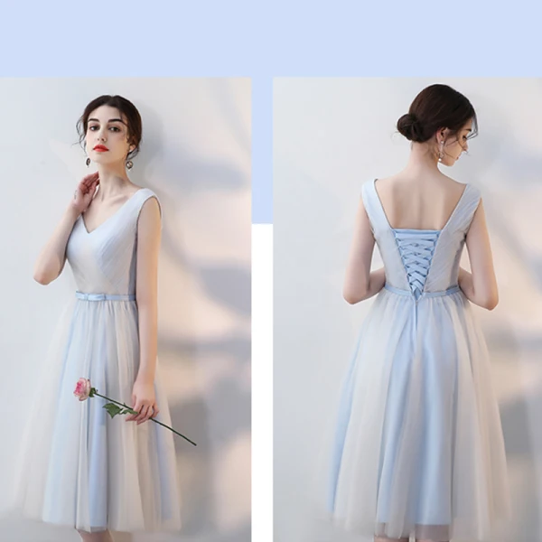 Affordable Sky Blue Bridesmaid Dresses 2018 A-Line / Princess Bow Sash Tea-length Ruffle Backless Wedding Party Dresses