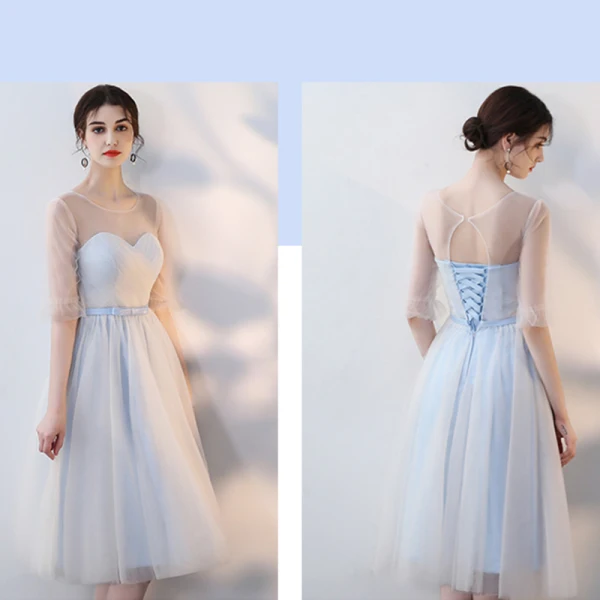 Affordable Sky Blue Bridesmaid Dresses 2018 A-Line / Princess Bow Sash Tea-length Ruffle Backless Wedding Party Dresses