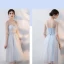 Affordable Sky Blue Bridesmaid Dresses 2018 A-Line / Princess Bow Sash Tea-length Ruffle Backless Wedding Party Dresses