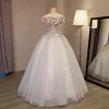 Chic / Beautiful Silver Prom Dresses 2017 Ball Gown Off-The-Shoulder Short Sleeve Appliques Flower Beading Rhinestone Floor-Length / Long Backless Formal Dresses