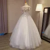 Chic / Beautiful Silver Prom Dresses 2017 Ball Gown Off-The-Shoulder Short Sleeve Appliques Flower Beading Rhinestone Floor-Length / Long Backless Formal Dresses