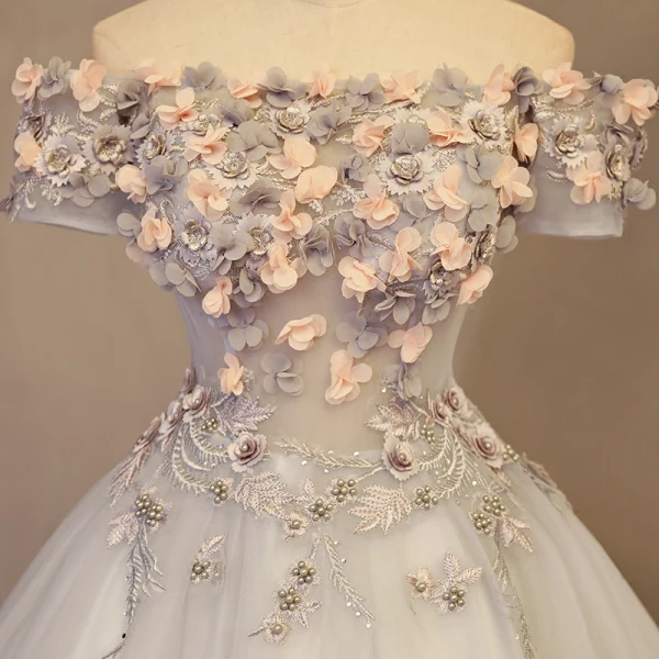 Chic / Beautiful Silver Prom Dresses 2017 Ball Gown Off-The-Shoulder Short Sleeve Appliques Flower Beading Rhinestone Floor-Length / Long Backless Formal Dresses
