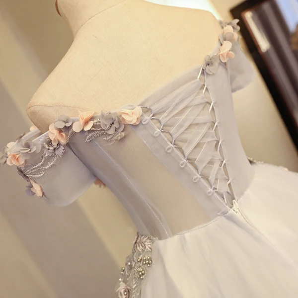 Chic / Beautiful Silver Prom Dresses 2017 Ball Gown Off-The-Shoulder Short Sleeve Appliques Flower Beading Rhinestone Floor-Length / Long Backless Formal Dresses