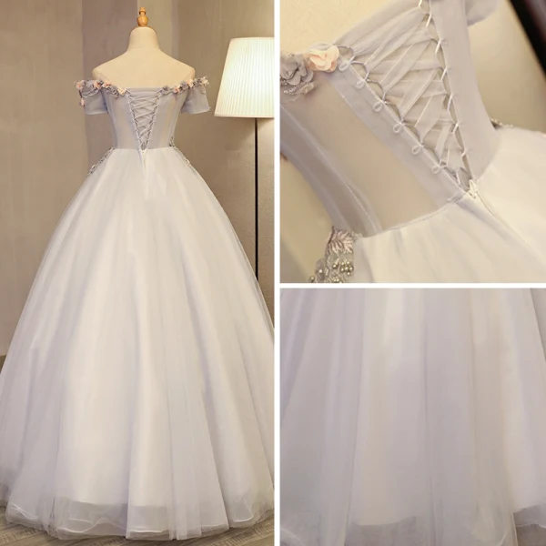 Chic / Beautiful Silver Prom Dresses 2017 Ball Gown Off-The-Shoulder Short Sleeve Appliques Flower Beading Rhinestone Floor-Length / Long Backless Formal Dresses