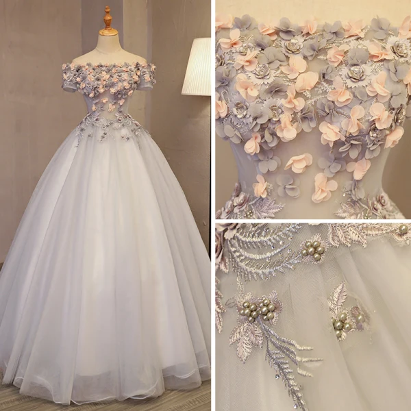 Chic / Beautiful Silver Prom Dresses 2017 Ball Gown Off-The-Shoulder Short Sleeve Appliques Flower Beading Rhinestone Floor-Length / Long Backless Formal Dresses