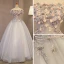 Chic / Beautiful Silver Prom Dresses 2017 Ball Gown Off-The-Shoulder Short Sleeve Appliques Flower Beading Rhinestone Floor-Length / Long Backless Formal Dresses