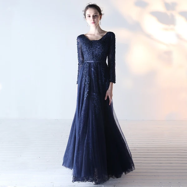 Chic / Belle Bleu Marine Robe De Bal 2017 Princesse Manches Longues V-Cou Appliques En Dentelle Paillettes Perlage Ceinture Longue Dos Nu Robe De Ceremonie