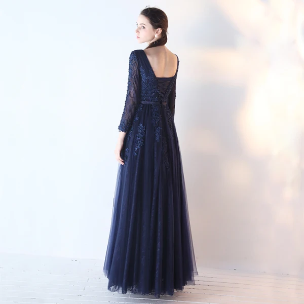 Chic / Belle Bleu Marine Robe De Bal 2017 Princesse Manches Longues V-Cou Appliques En Dentelle Paillettes Perlage Ceinture Longue Dos Nu Robe De Ceremonie