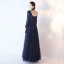 Chic / Belle Bleu Marine Robe De Bal 2017 Princesse Manches Longues V-Cou Appliques En Dentelle Paillettes Perlage Ceinture Longue Dos Nu Robe De Ceremonie