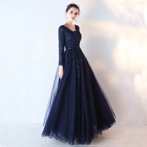 Chic / Beautiful Navy Blue Prom Dresses 2017 A-Line / Princess Long Sleeve V-Neck Appliques Lace Sequins Beading Sash Floor-Length / Long Backless Formal Dresses