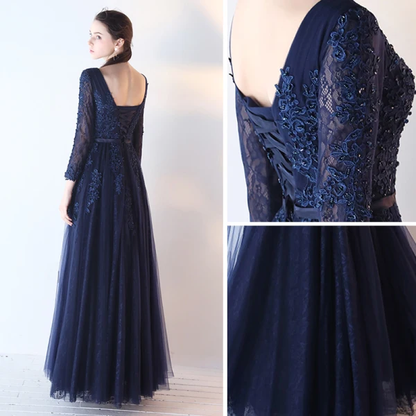 Chic / Belle Bleu Marine Robe De Bal 2017 Princesse Manches Longues V-Cou Appliques En Dentelle Paillettes Perlage Ceinture Longue Dos Nu Robe De Ceremonie