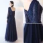 Chic / Belle Bleu Marine Robe De Bal 2017 Princesse Manches Longues V-Cou Appliques En Dentelle Paillettes Perlage Ceinture Longue Dos Nu Robe De Ceremonie