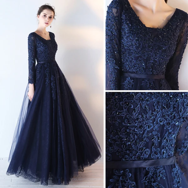Chic / Belle Bleu Marine Robe De Bal 2017 Princesse Manches Longues V-Cou Appliques En Dentelle Paillettes Perlage Ceinture Longue Dos Nu Robe De Ceremonie