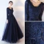 Chic / Belle Bleu Marine Robe De Bal 2017 Princesse Manches Longues V-Cou Appliques En Dentelle Paillettes Perlage Ceinture Longue Dos Nu Robe De Ceremonie