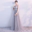 Elegant Grey Evening Dresses  2017 A-Line / Princess V-Neck Sleeveless Appliques Flower Beading Crystal Bow Sash Floor-Length / Long Backless Pierced Formal Dresses