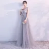 Elegant Grey Evening Dresses  2017 A-Line / Princess V-Neck Sleeveless Appliques Flower Beading Crystal Bow Sash Floor-Length / Long Backless Pierced Formal Dresses