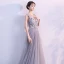 Elegant Grey Evening Dresses  2017 A-Line / Princess V-Neck Sleeveless Appliques Flower Beading Crystal Bow Sash Floor-Length / Long Backless Pierced Formal Dresses