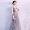 Elegant Grey Evening Dresses  2017 A-Line / Princess V-Neck Sleeveless Appliques Flower Beading Crystal Bow Sash Floor-Length / Long Backless Pierced Formal Dresses