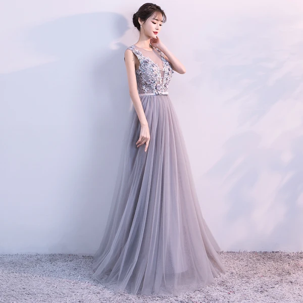 Elegant Grey Evening Dresses 2017 A-Line / Princess V-Neck Sleeveless Appliques Flower Beading Crystal Bow Sash Floor-Length / Long Backless Pierced Formal Dresses