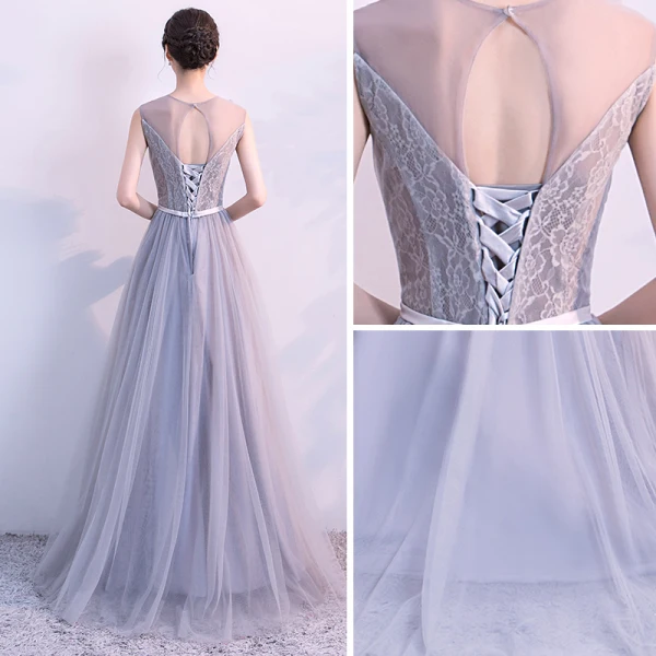 Elegant Grey Evening Dresses 2017 A-Line / Princess V-Neck Sleeveless Appliques Flower Beading Crystal Bow Sash Floor-Length / Long Backless Pierced Formal Dresses