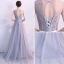 Elegant Grey Evening Dresses  2017 A-Line / Princess V-Neck Sleeveless Appliques Flower Beading Crystal Bow Sash Floor-Length / Long Backless Pierced Formal Dresses