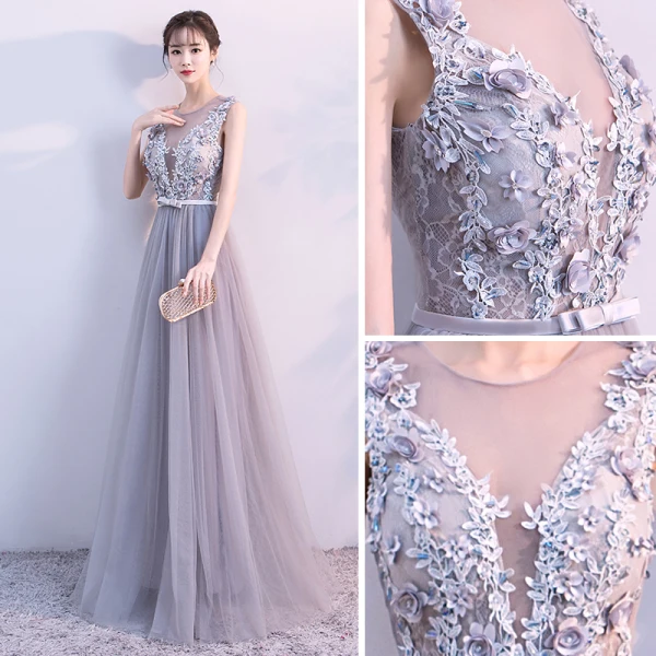 Elegant Grey Evening Dresses 2017 A-Line / Princess V-Neck Sleeveless Appliques Flower Beading Crystal Bow Sash Floor-Length / Long Backless Pierced Formal Dresses