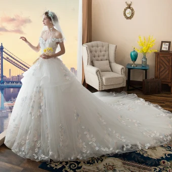 Chic Beautiful White Wedding Dresses 2017 Ball Gown Off The Shoulder Short Sleeve Backless Appliques Flower Leaf Pearl Cathedral Train