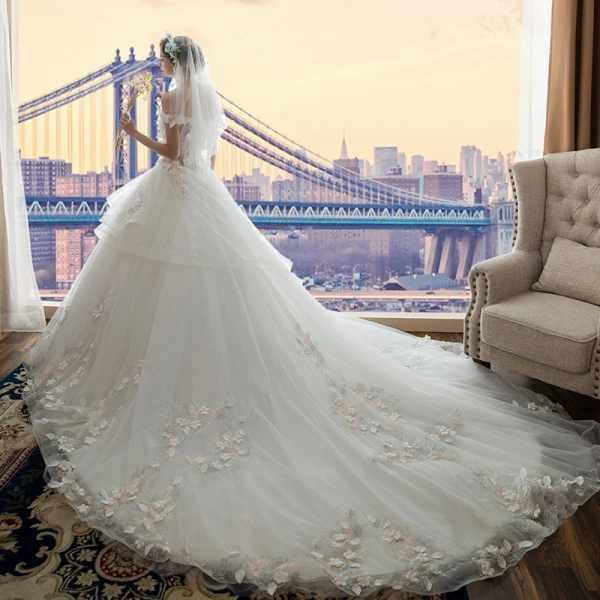 Chic / Beautiful White Wedding Dresses 2017 Ball Gown Off-The-Shoulder Short Sleeve Backless Appliques Flower Leaf Pearl Cathedral Train
