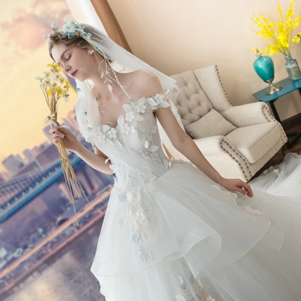 Chic / Beautiful White Wedding Dresses 2017 Ball Gown Off-The-Shoulder Short Sleeve Backless Appliques Flower Leaf Pearl Cathedral Train