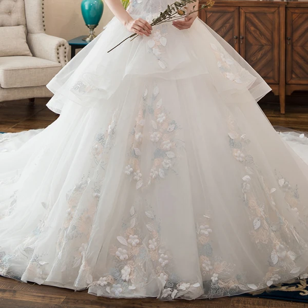 Chic / Beautiful White Wedding Dresses 2017 Ball Gown Off-The-Shoulder Short Sleeve Backless Appliques Flower Leaf Pearl Cathedral Train