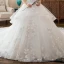 Chic / Beautiful White Wedding Dresses 2017 Ball Gown Off-The-Shoulder Short Sleeve Backless Appliques Flower Leaf Pearl Cathedral Train