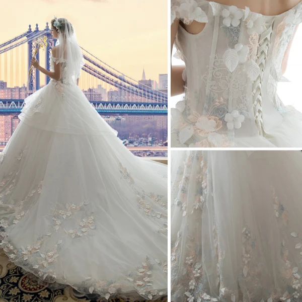 Chic / Beautiful White Wedding Dresses 2017 Ball Gown Off-The-Shoulder Short Sleeve Backless Appliques Flower Leaf Pearl Cathedral Train