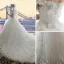 Chic / Beautiful White Wedding Dresses 2017 Ball Gown Off-The-Shoulder Short Sleeve Backless Appliques Flower Leaf Pearl Cathedral Train